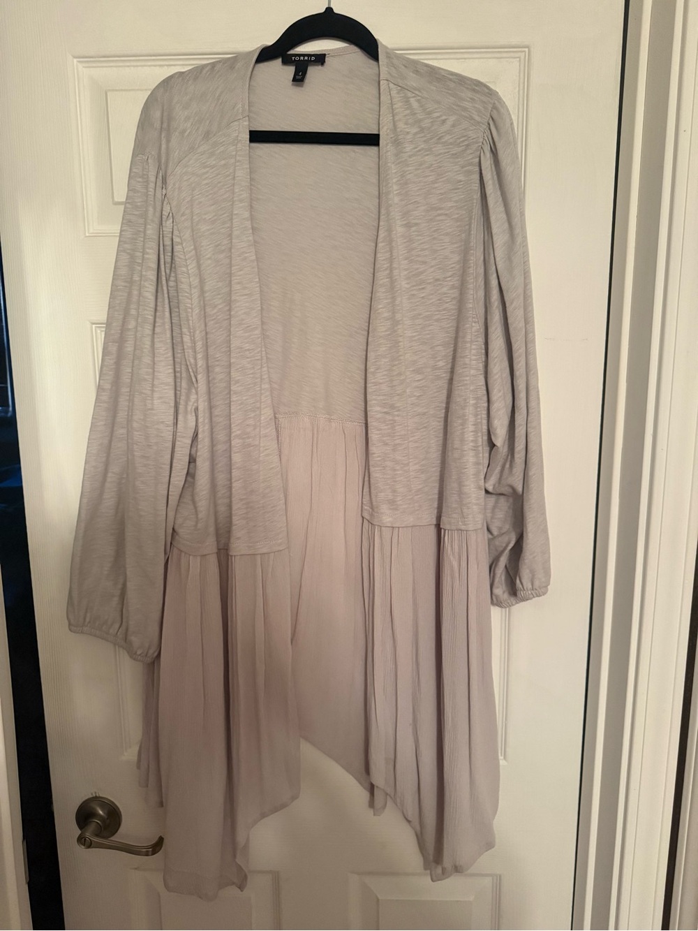 torrid light gray chiffon-trim waterfall cardigan